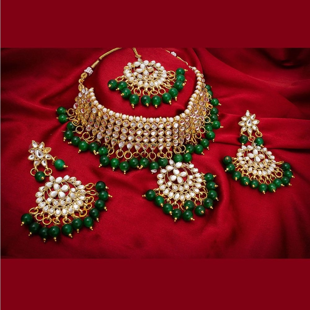Gold plated kundan stone and beads necklace set
